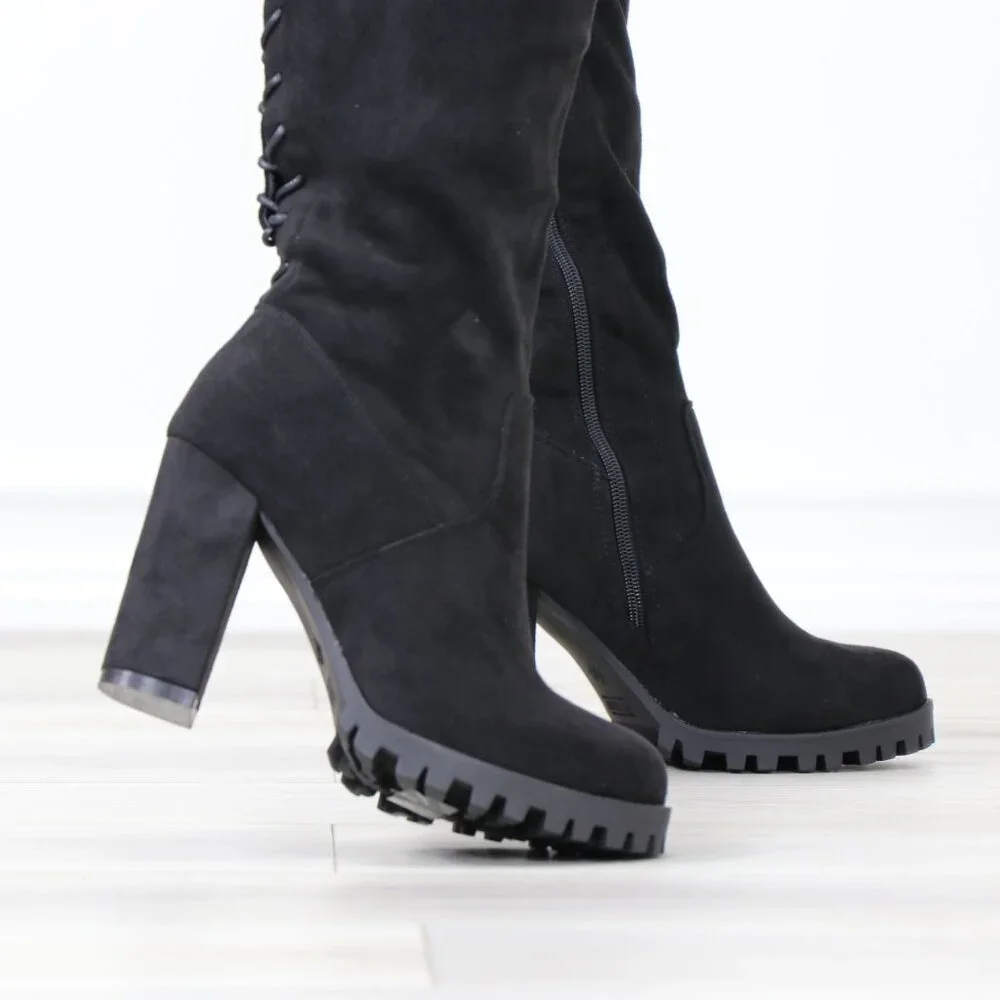 Full Lace-Up Back Black Faux Suede Thigh High Over The Knee Lug Block Heel Boots
